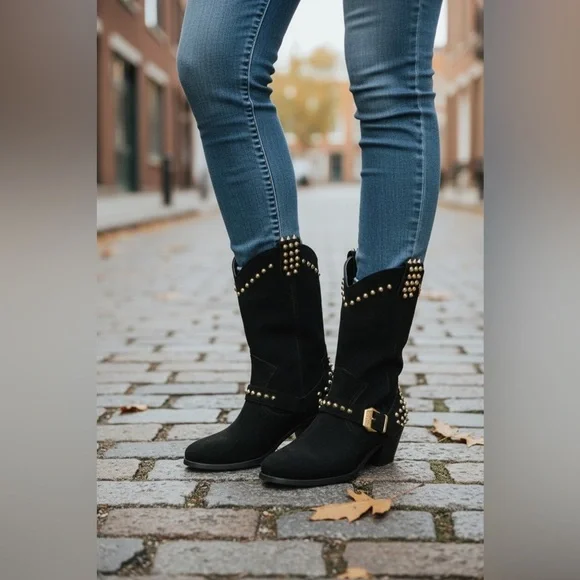 Betsey Johnson Yendell Black Suede Studded Western Boots Size 6 - Picture 13 of 16
